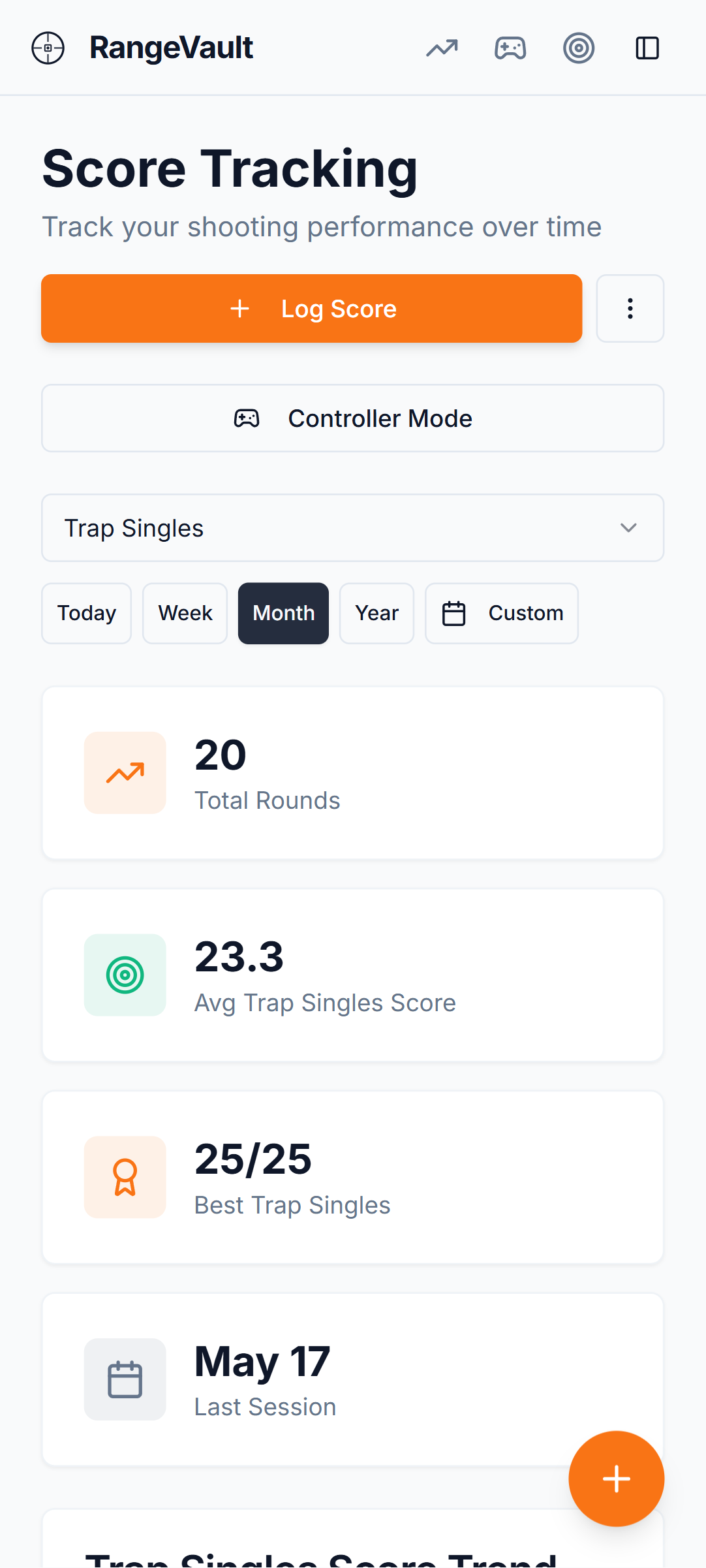 RangeVault progress tracking dashboard with session history and performance graphs