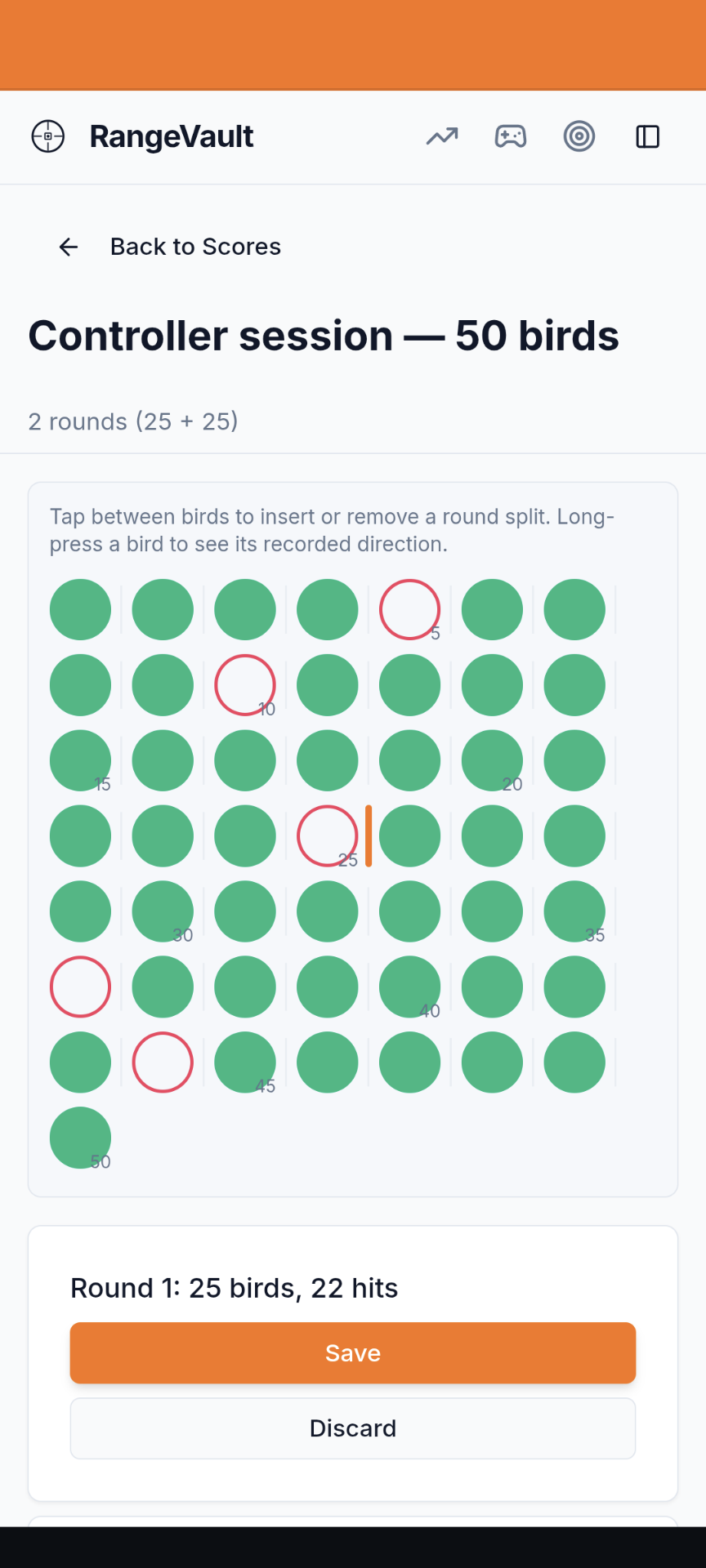Controller Mode review screen showing a 50-bird session split into two rounds with per-bird hit and miss markers