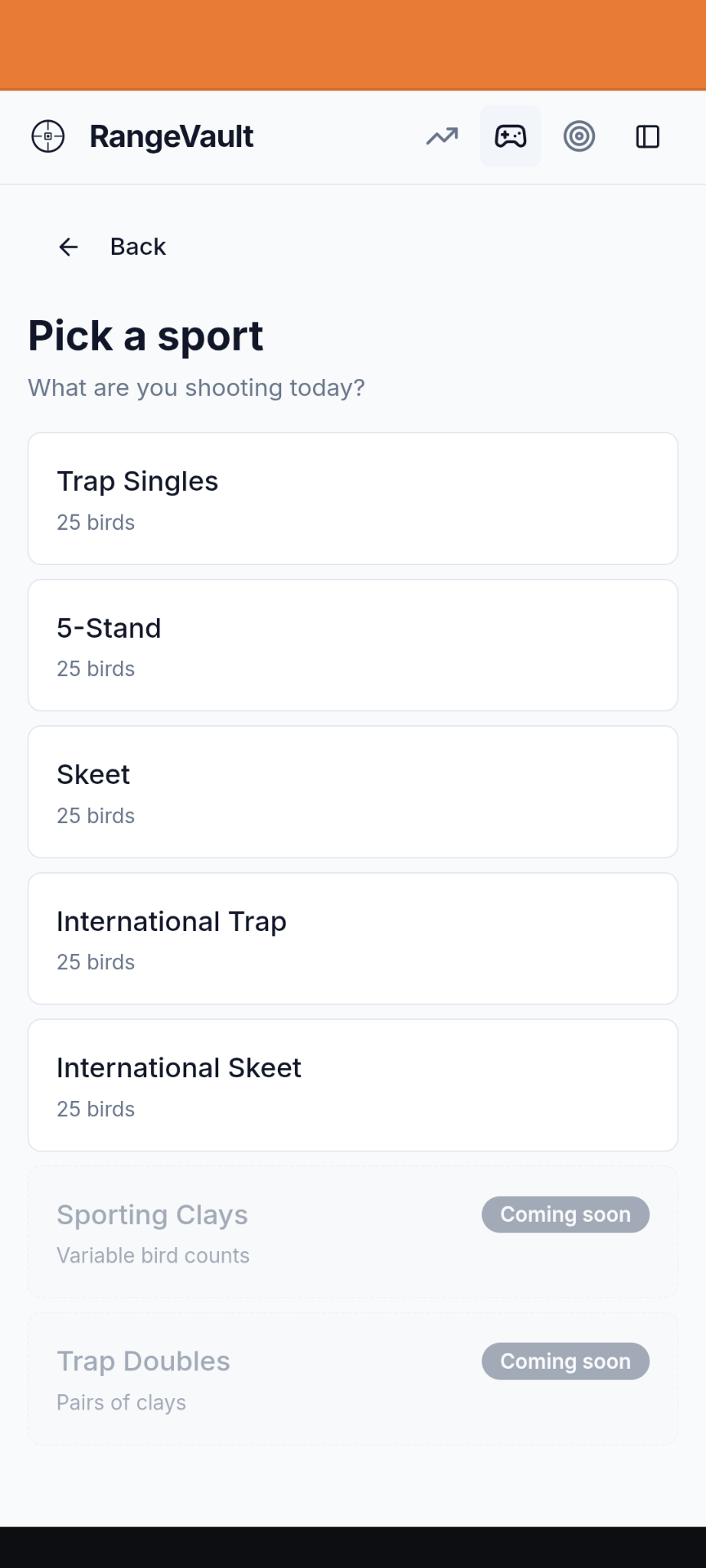 Controller Mode sport picker showing Trap Singles, 5-Stand, Skeet, International Trap and International Skeet