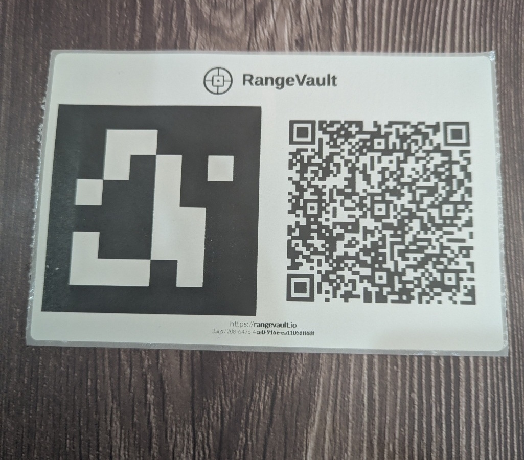 RangeVault patterning sticker with scannable QR code and alignment marker